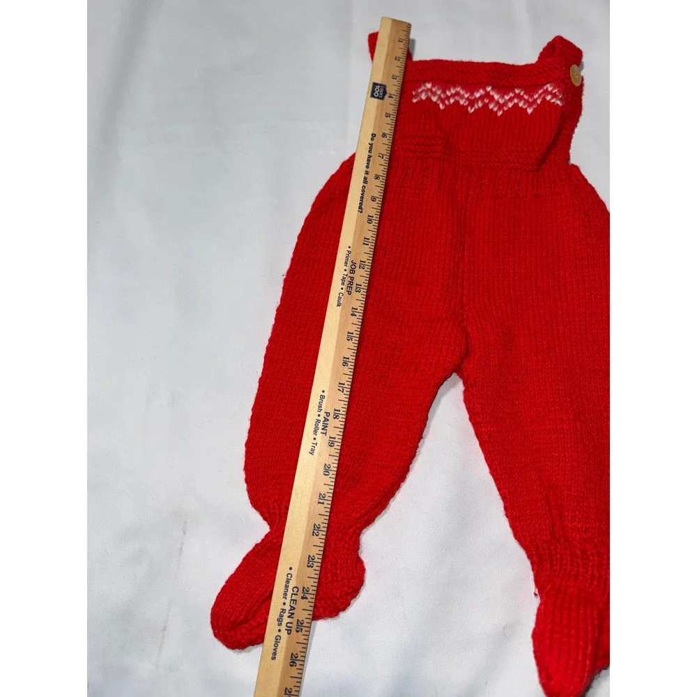 Vintage Hand Knit Baby Footed Overalls Red White Zigzag Bib Romper Sleeveless